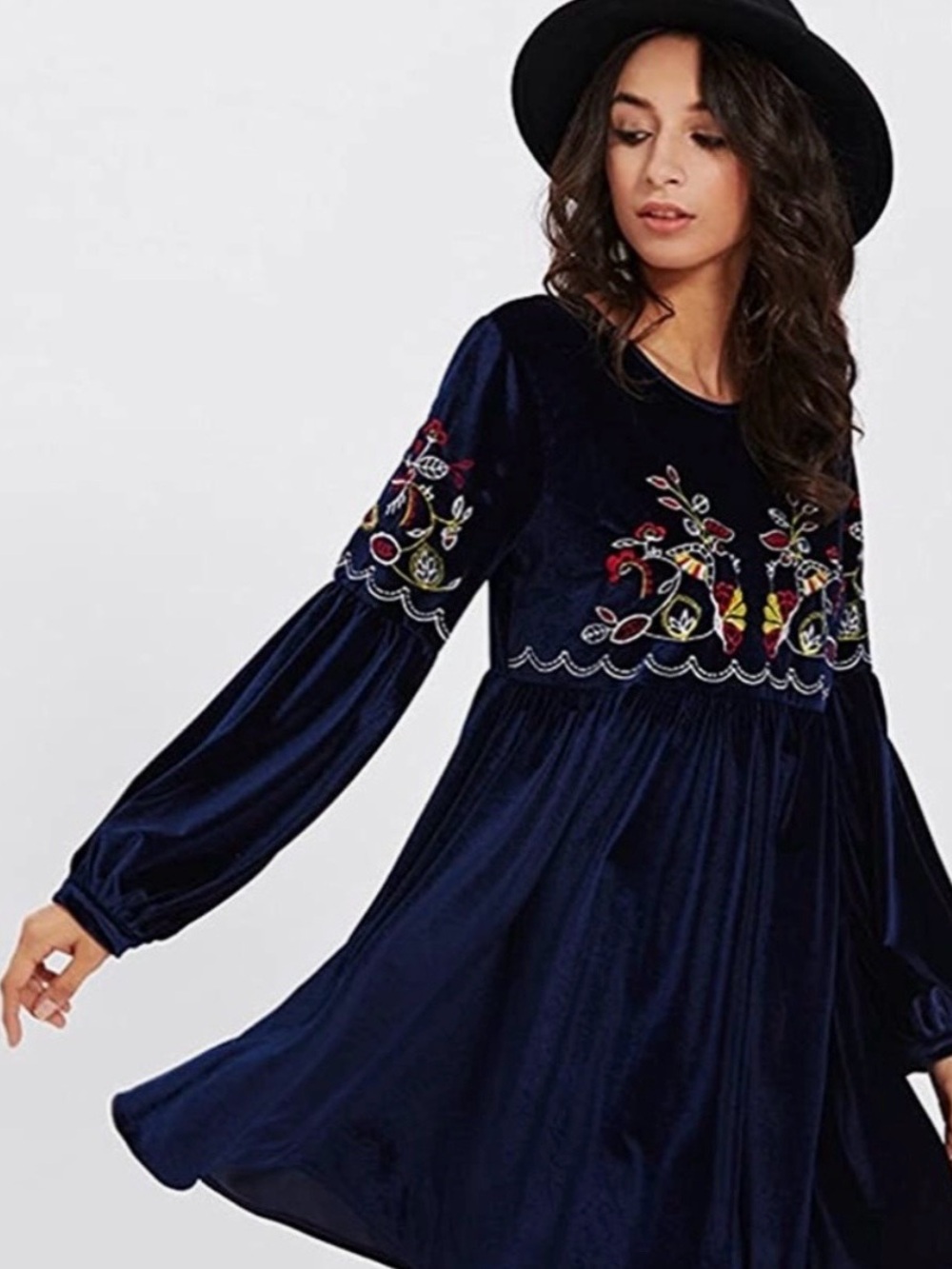 💋Navy Velvet Embroidered Bishop Sleeve Babydoll Dress  - Size L